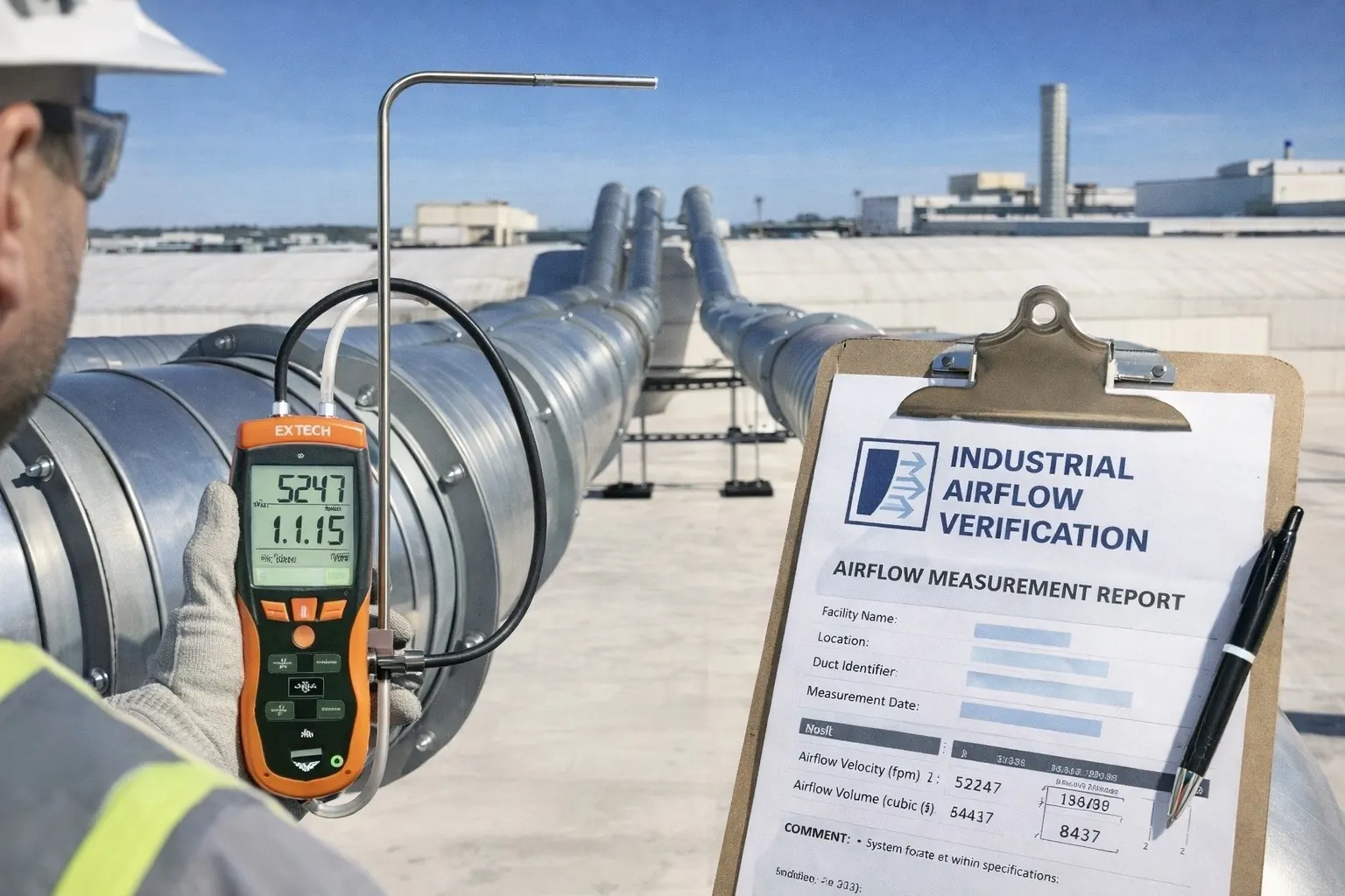 Airflow measurement using a pitot tube and digital manometer with a documented airflow report on an industrial rooftop